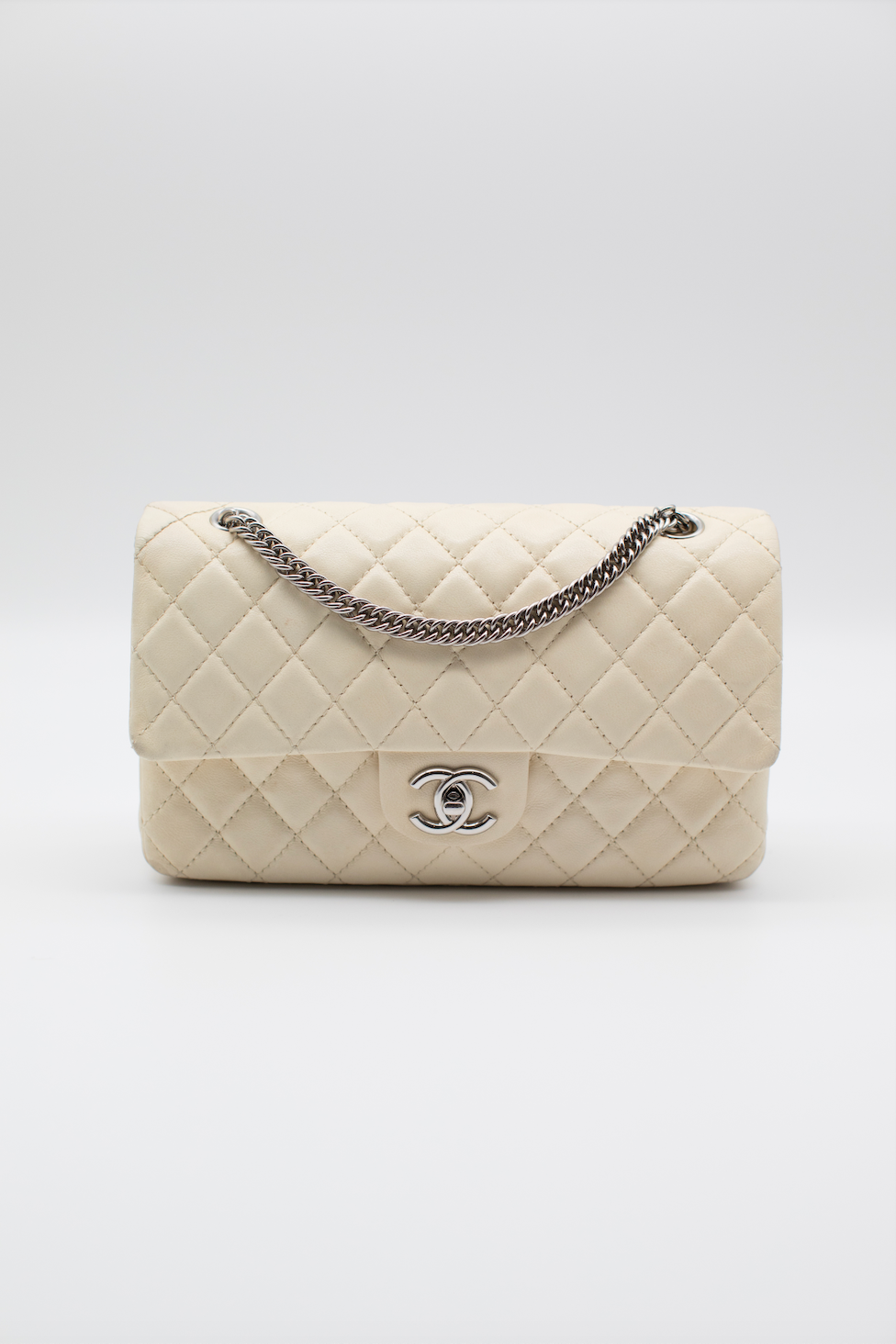 Chanel Cream Medium Double Flap Bag in Lambskin with Silver